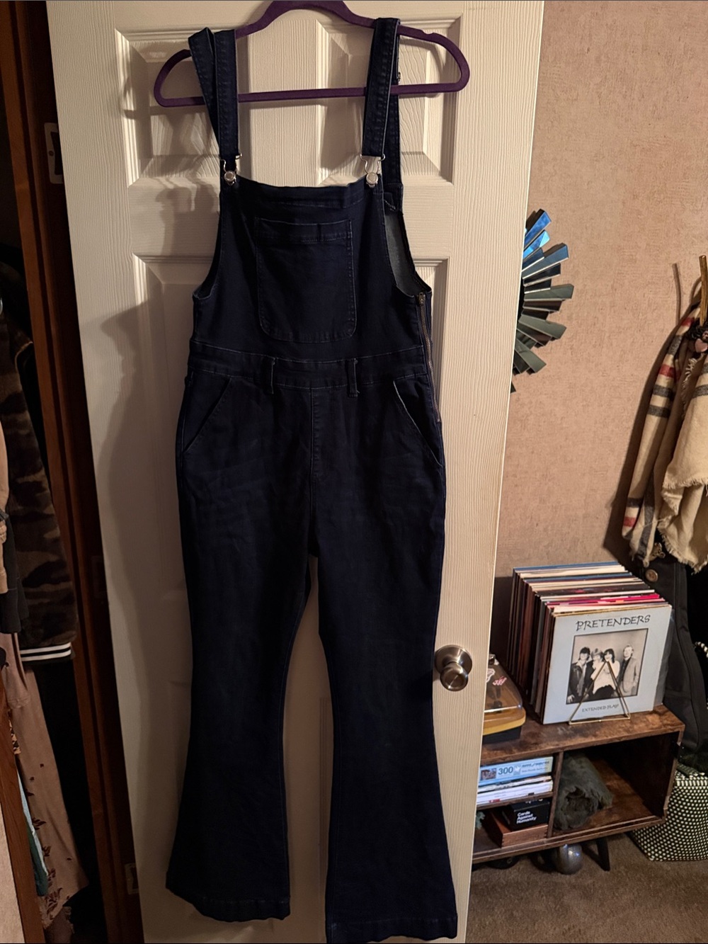 Women's Dark Blue Denim Overalls with Flared Leg